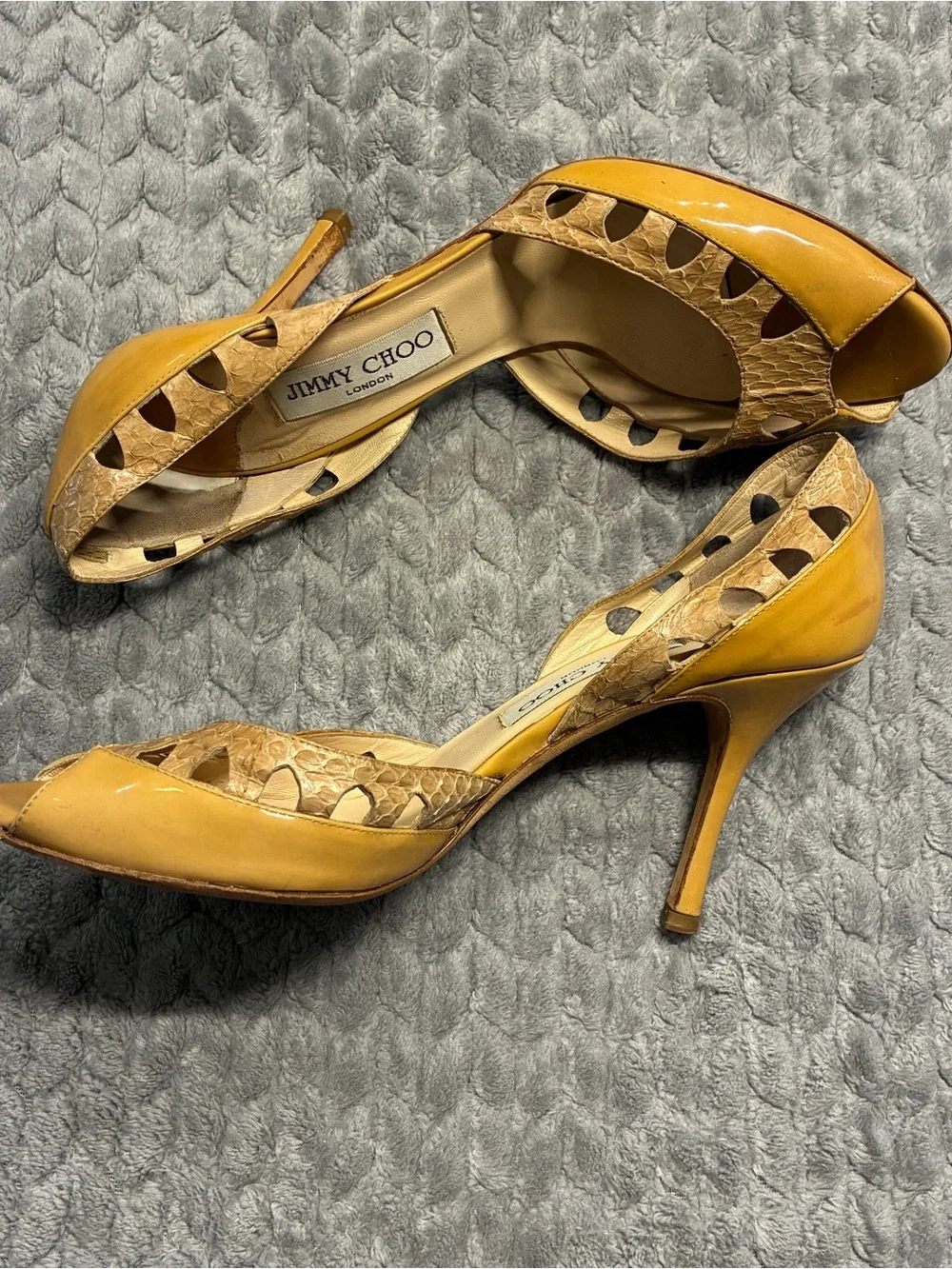 Jimmy Choo Mustard Yellow & Tan Cutout Peep-Toe Leather Heels